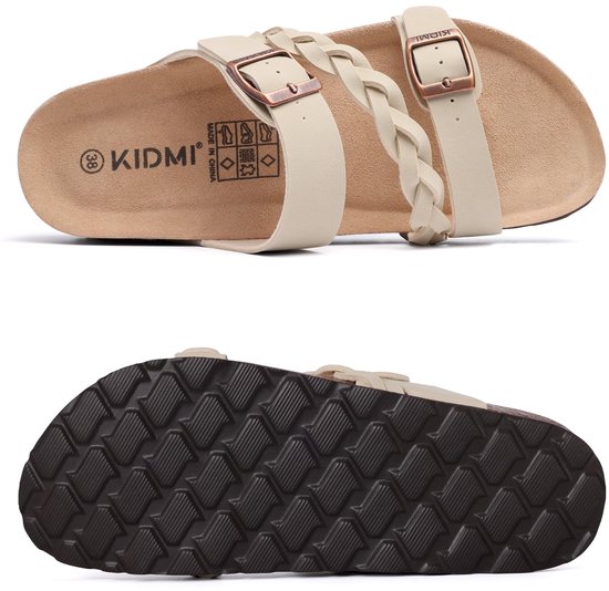 Beige sandalen met gevlochten bandjes en gespen, zool met profiel.