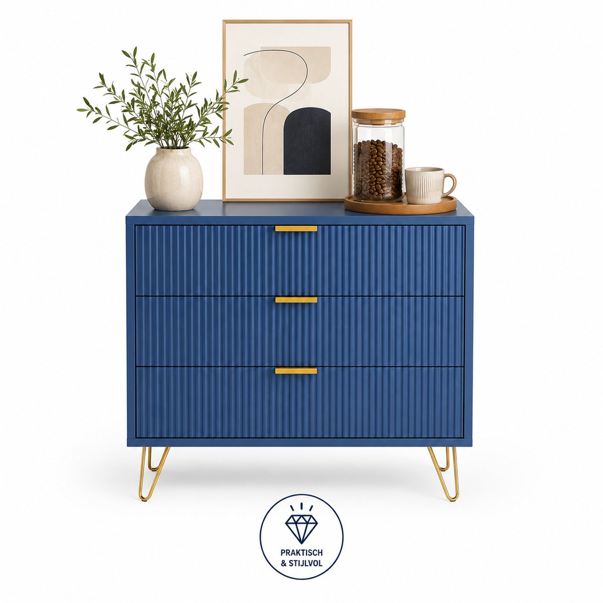 Jurrys Kast - Opbergkast - Ladekast - Modern - Praktisch - Met 3 lades - Decoratief - Duurzaam Hout - Goud metaal - 60x40x70 cm - Blauw