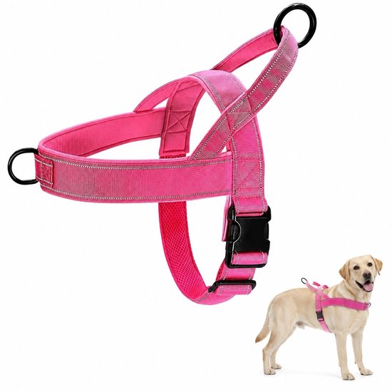 Harnais rose pour chien avec bordures réfléchissantes, présenté avec un labrador.