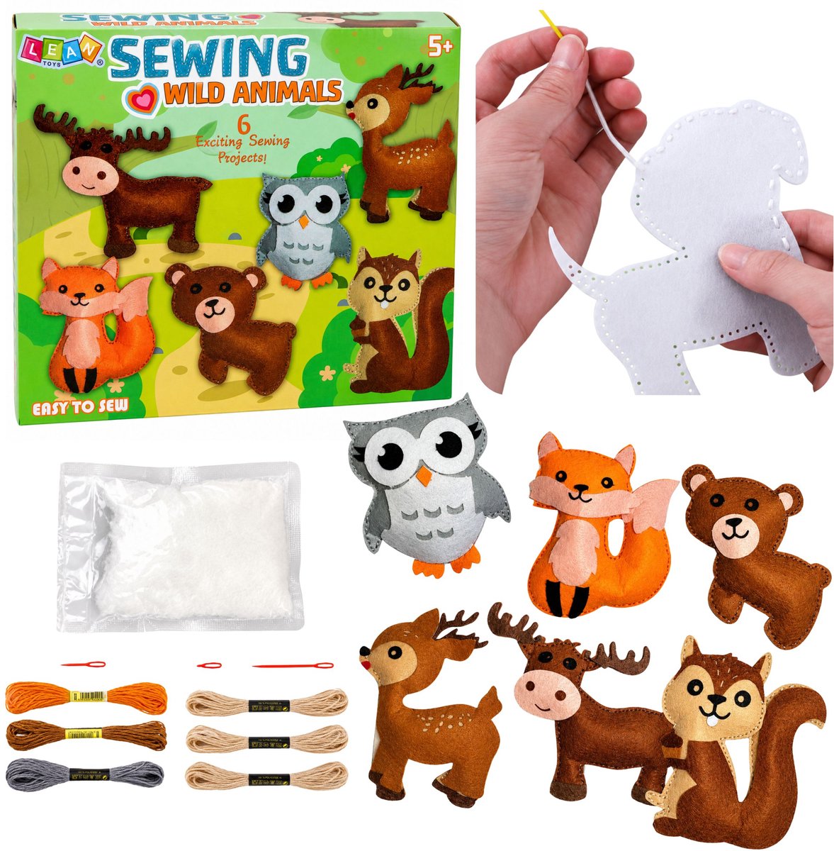 Creatieve set knuffels om te naaien vilt doe-het-zelf bosdieren 6 stuks.