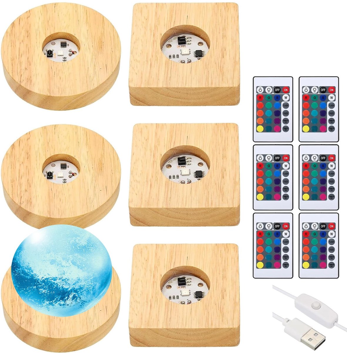 Solidchoice - Set van 6 Houten LED Display Bases met 16 Kleuren en Afstandsbediening