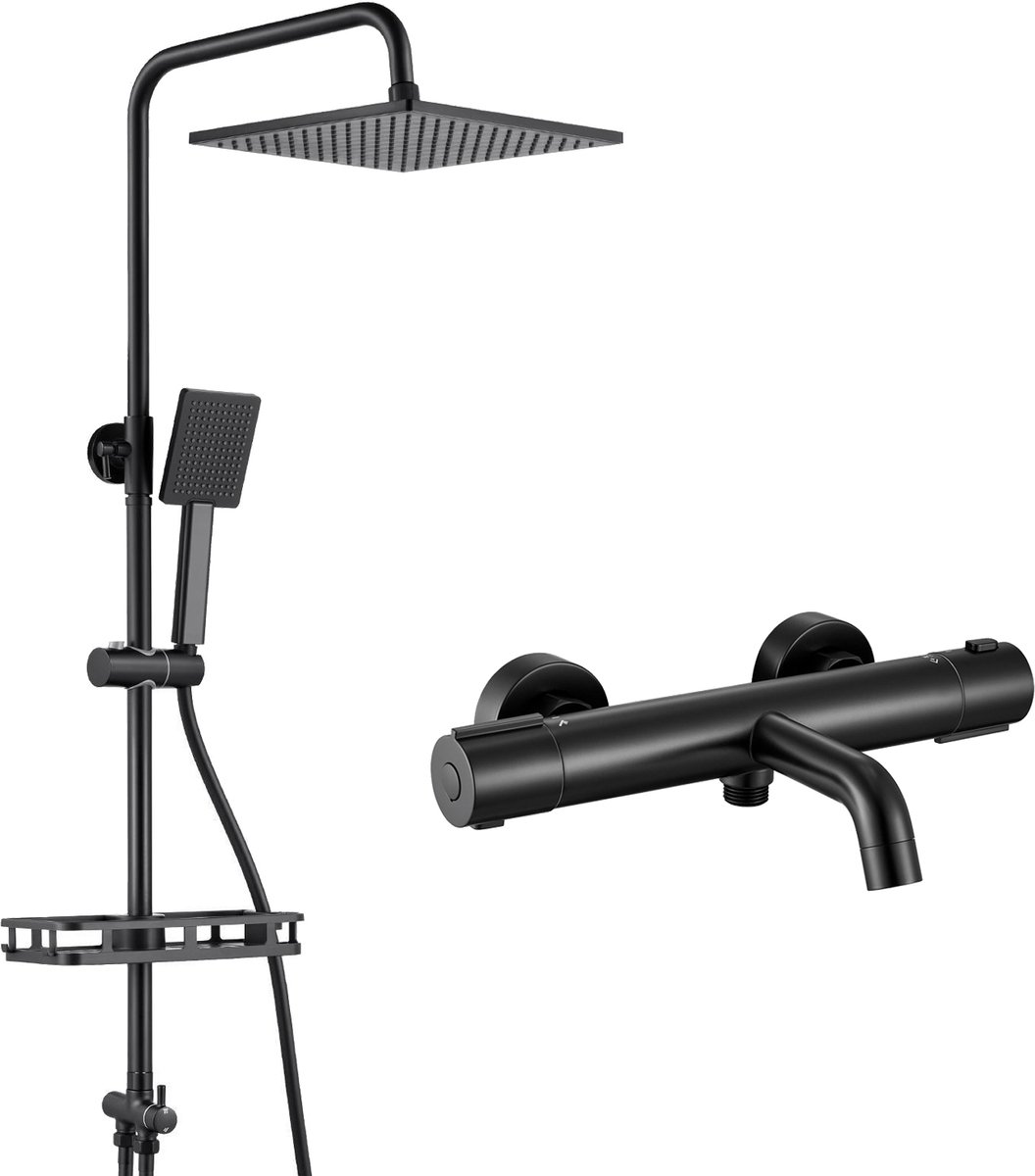 Auralum Max Regendouche Met Thermostaatkraan - Douche Set - met Badkraan Thermostatische en Planchet - 10 inch Douchekop - Verstelbare Hoogte 72-110 cm - 15 cm hartafstand - Waterbesparend - Met CoolTouch technologie - Zwart