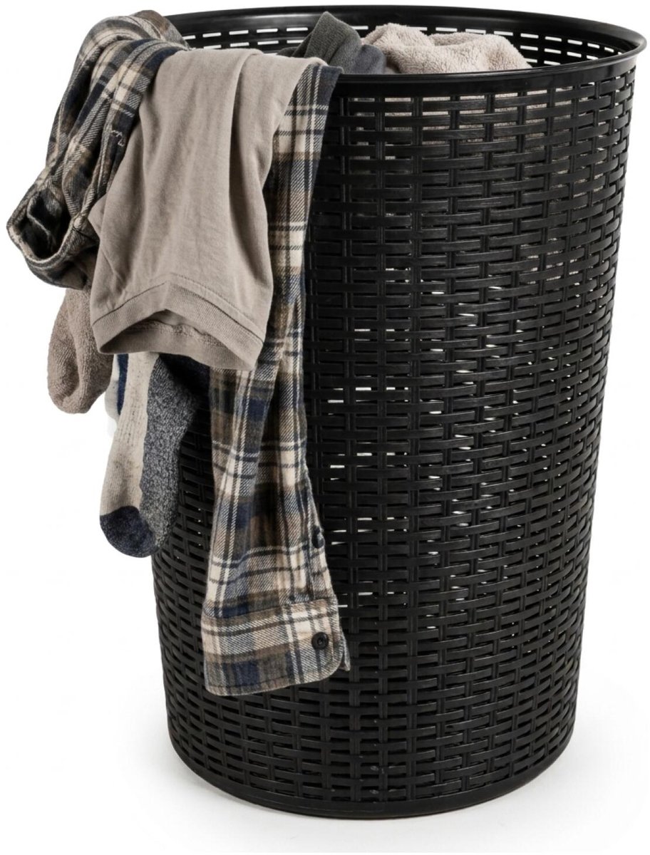 Plasticforte Ronde wasmand Rotan - zwart - gevlochten kunststof - 51 liter - 38 x 57 cm - opbergmanden