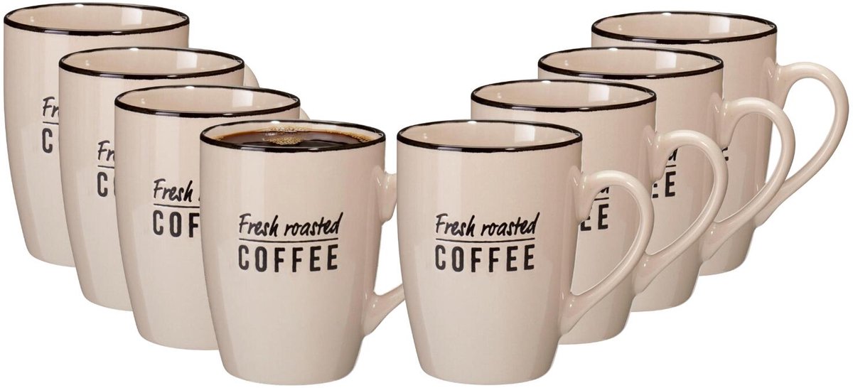Siaki koffie kopjes Barista Cafe - 8x stuks - beige - 340 ml - mokken - keramiek - 10 cm - met koffie thema teksten