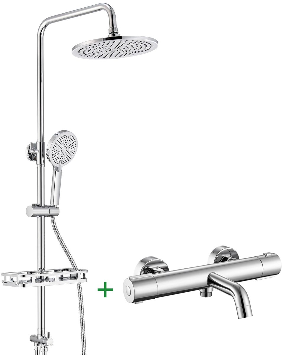 Auralum Max Regendouche met Thermostaatkraan - Inclusief Thermostatische Badkraan en Doucherek - 3 functies Doucheset - 10 inch Douchekop - Handdouche met 4 standen -Hoogte Verstelbaar 72-110 cm - Waterbesparend - Chroom