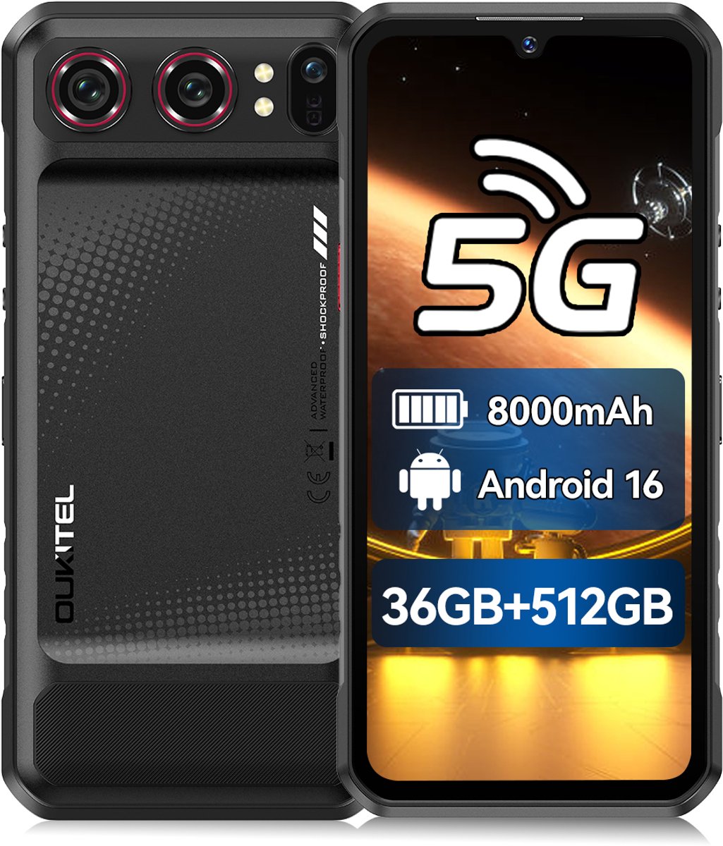 OUKITEL WP68 Air Rugged Smartphone 5G - 6,88" 120Hz - 36GB RAM - 512GB ROM - 8000 mAh 45W - Gemini AI - Android 16 - NFC GPS - Zwart