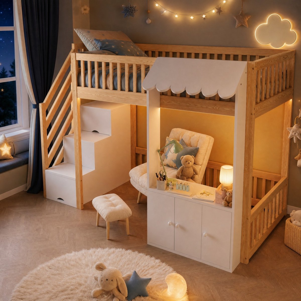 STILVORA Hoogslaper 90x200 cm Zonder Matras – Hoogslaper Met Trapopbergruimte En LED Verlichting – Opbergkast Onder Bed – Voor Kinderen – Houtkleur