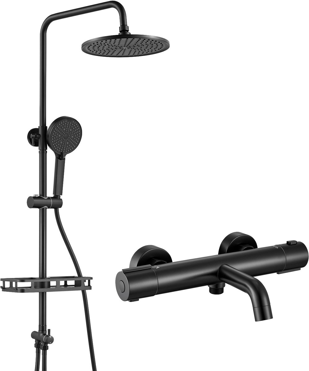 Auralum Max Regendouche met Thermostaatkraan - Inclusief Thermostatische Badkraan en Doucherek - 3 functies Doucheset - 10 inch Douchekop - Handdouche met 4 standen -Hoogte Verstelbaar 72-110 cm - Waterbesparend - Zwart