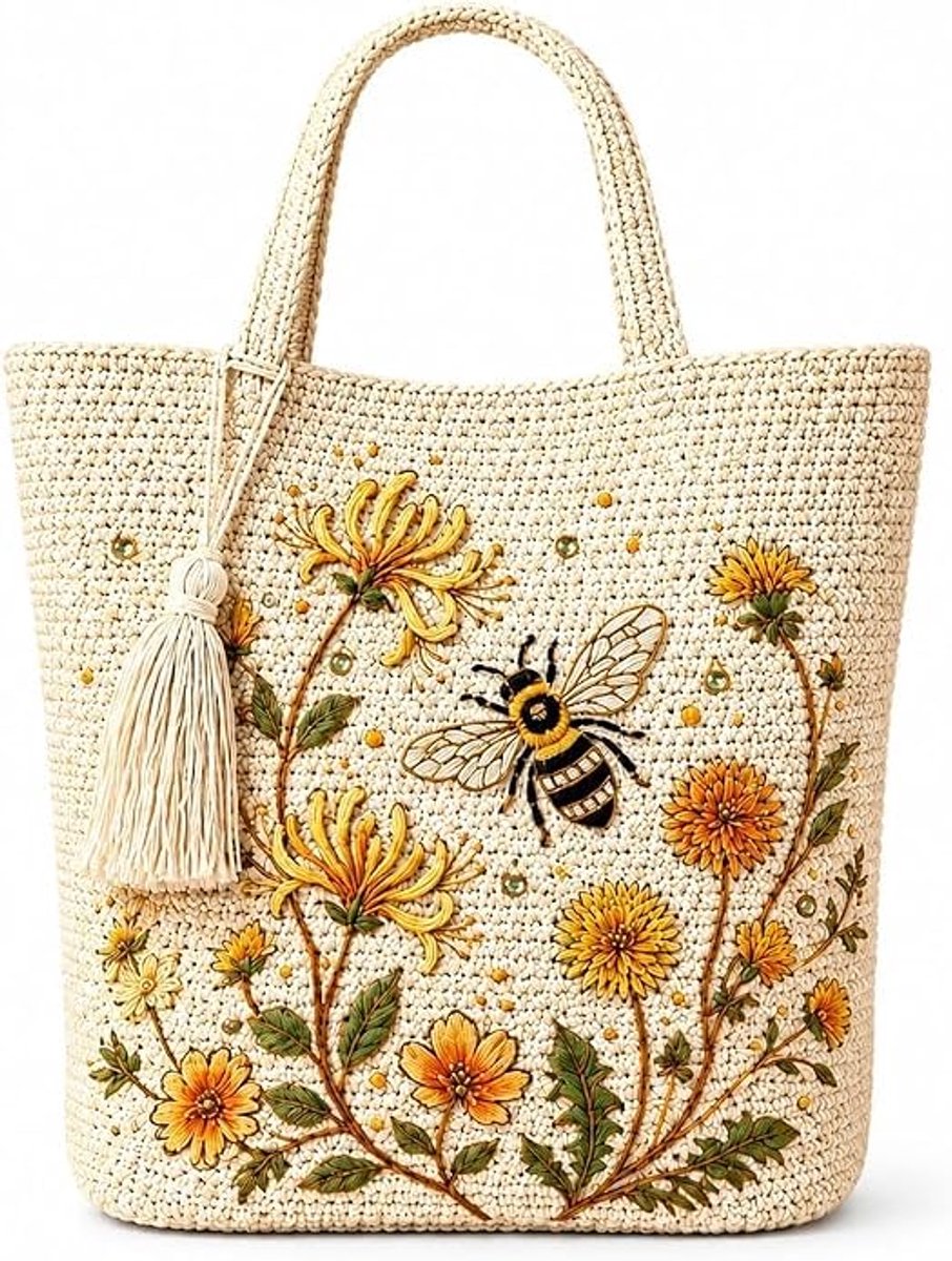 KZQ Handgemaakte Vintage Canvas Schoudertas Met Gehaakte En Geborduurde Bij En Bloemenmotief – Strandtas Voor Dames