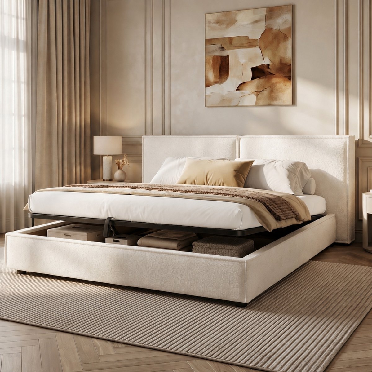 Pugsdrly Gestoffeerd bed, tweepersoonsbed, 180 x 200 cm, hydraulisch functiebed, bed met lattenbodem, hoofdeinde, gestoffeerd hoofdeinde, wit Bouclé