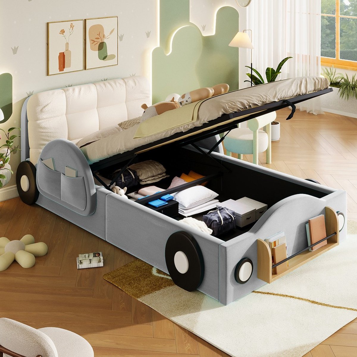 Pugsdrly 90x200 gestoffeerd bed met fluwelen bekleding, hydraulische opbergruimte, zijvakken & boekenplank, kinderbed/tienerbed met groot kussen