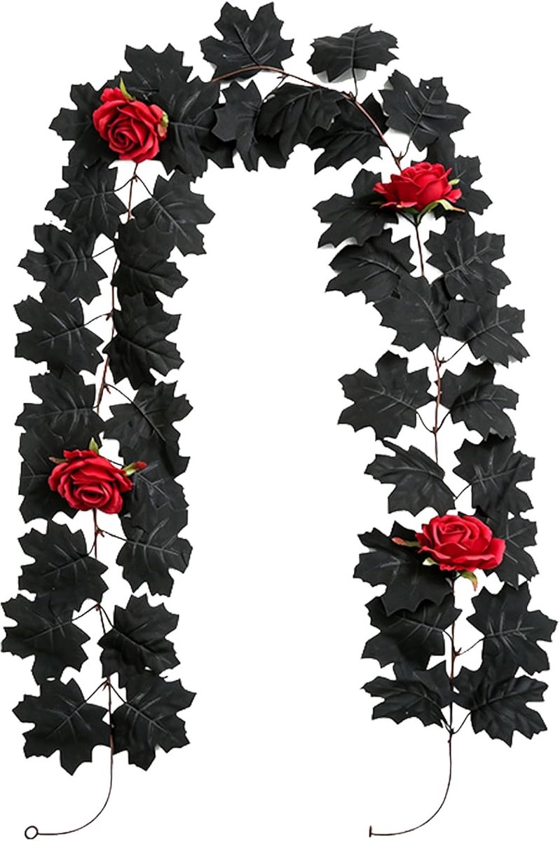 Zwarte decoratieve Halloween-slinger van 1,75 m – versierd met esdoornbladeren en rozen; perfect voor een griezelige sfeer op schoorsteenmantels, veranda's en trappen.