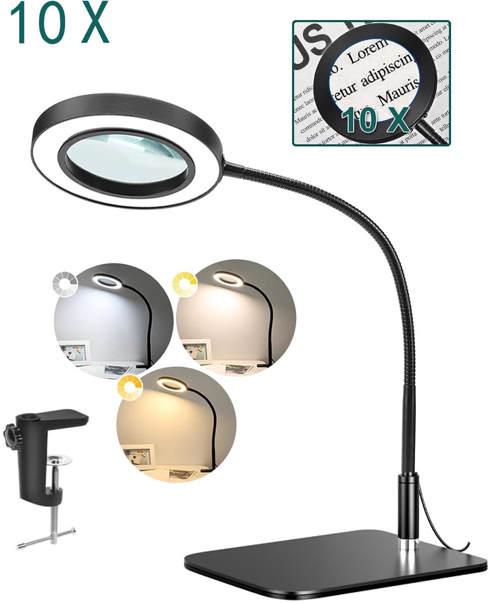 Bureaulamp met grote spiegel van 160 mm, 10x vergrootglas, flexibele LED-buis met instelbare driekleurige verlichting, metalen voet en USB-aansluiting voor lezen, borduren, lassen en andere werkzaamheden - Nachtlampje
