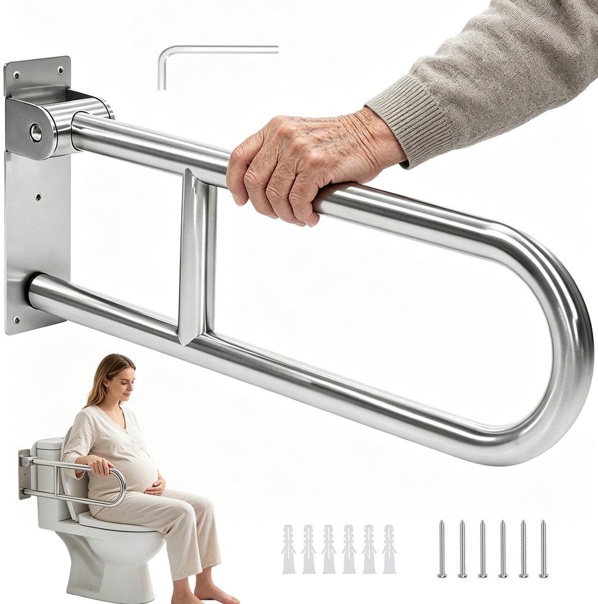 Opklapbare Toiletbeugel - U-vormige RVS Steunbeugel 60 cm - Verdikt 304 Roestvrij Staal - Belastbaar tot Minimaal 350 kg - 90° Omhoog Klapbaar - Inclusief Montagemateriaal - Voor Toilet, Douche en Badkamer