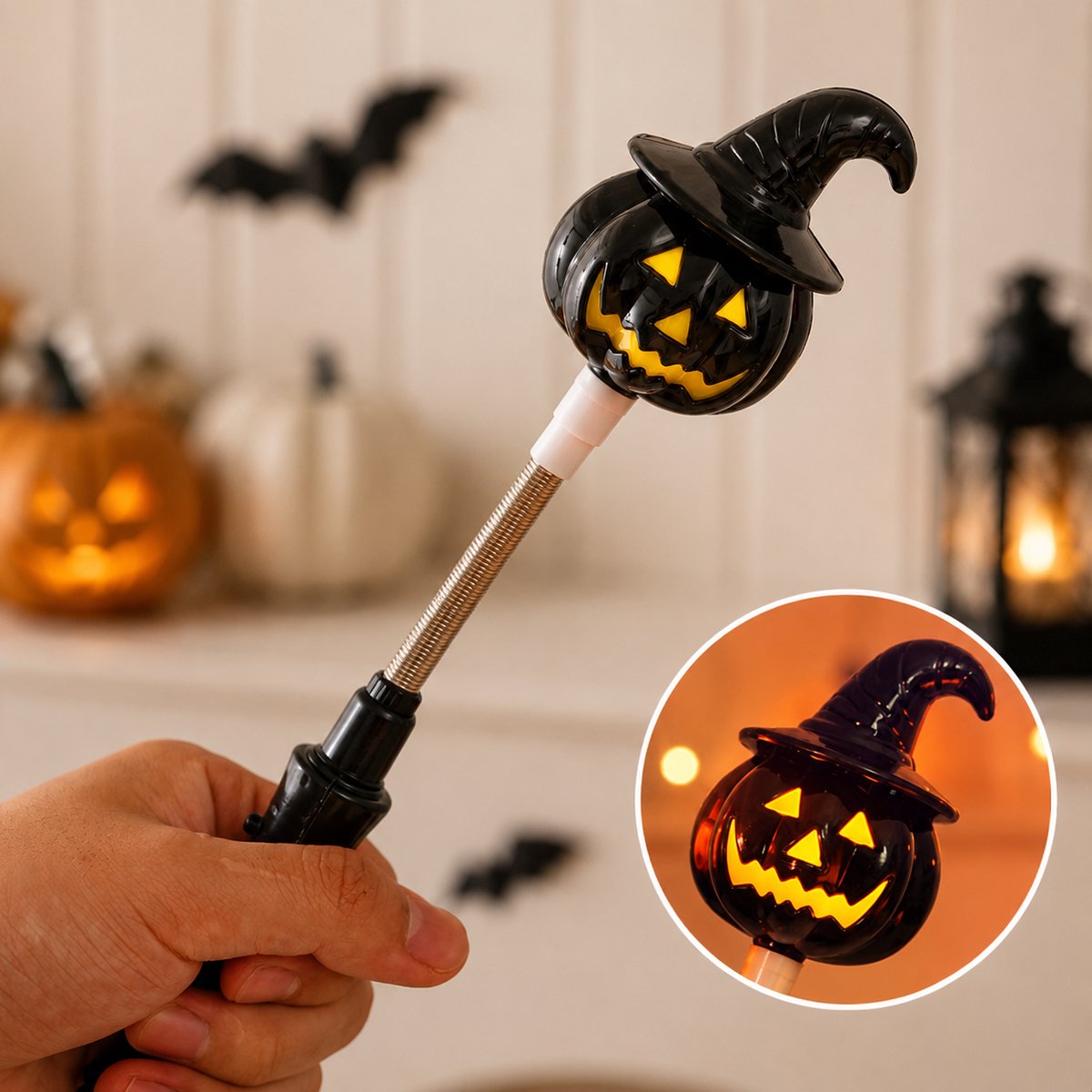 Halloween-pompoenlamp – Lichtgevende handstaf met LED-pompoen en -geest – Lichtgevend Halloween-speelgoed – Handzame Halloween-verlichting – Geschikt voor Halloween-feesten, optredens, kostuums, feestdecoratie en meer – Zwart
