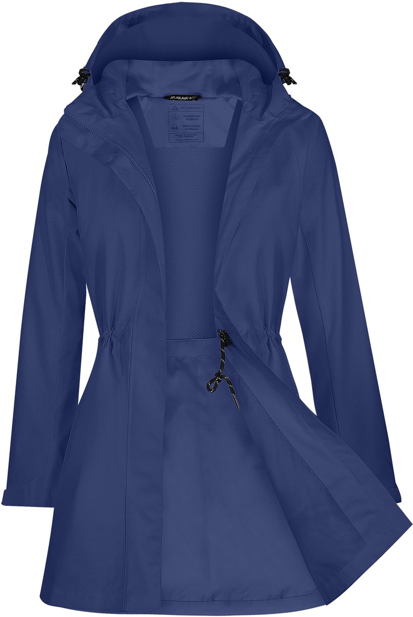 ATLASLAVA Regenjas Dames Lang Softshelljas Regenmantel Waterdichte Jas Trenchcoat Windbreaker Lichte Overgangsjas Mantel,Maat L,Saffierblauw
