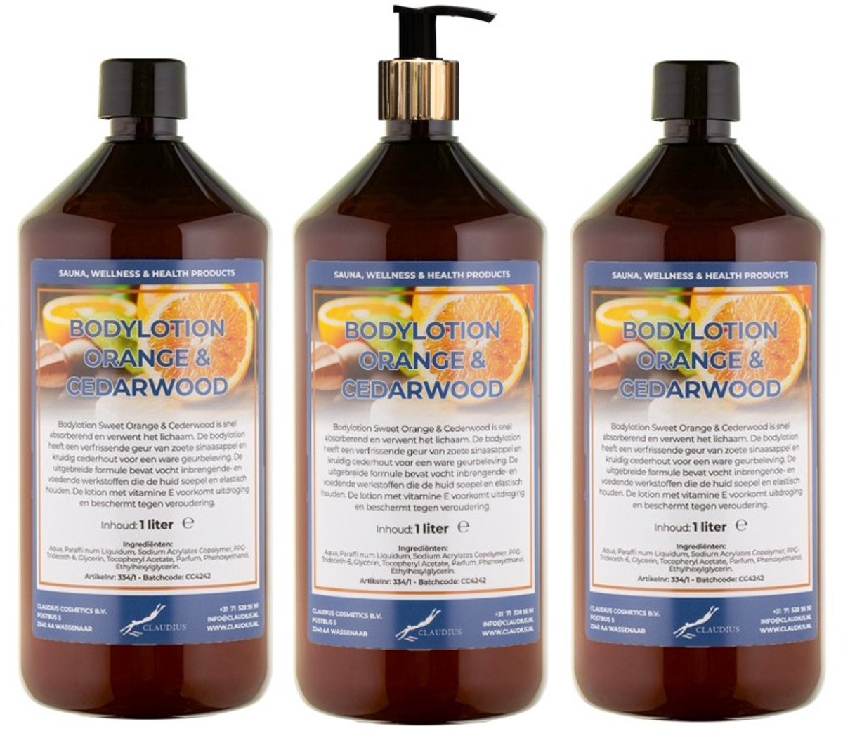 Bodylotion Sweet Orange & Cedarwood 1 Liter - met gouden pomp - set van 3 stuks