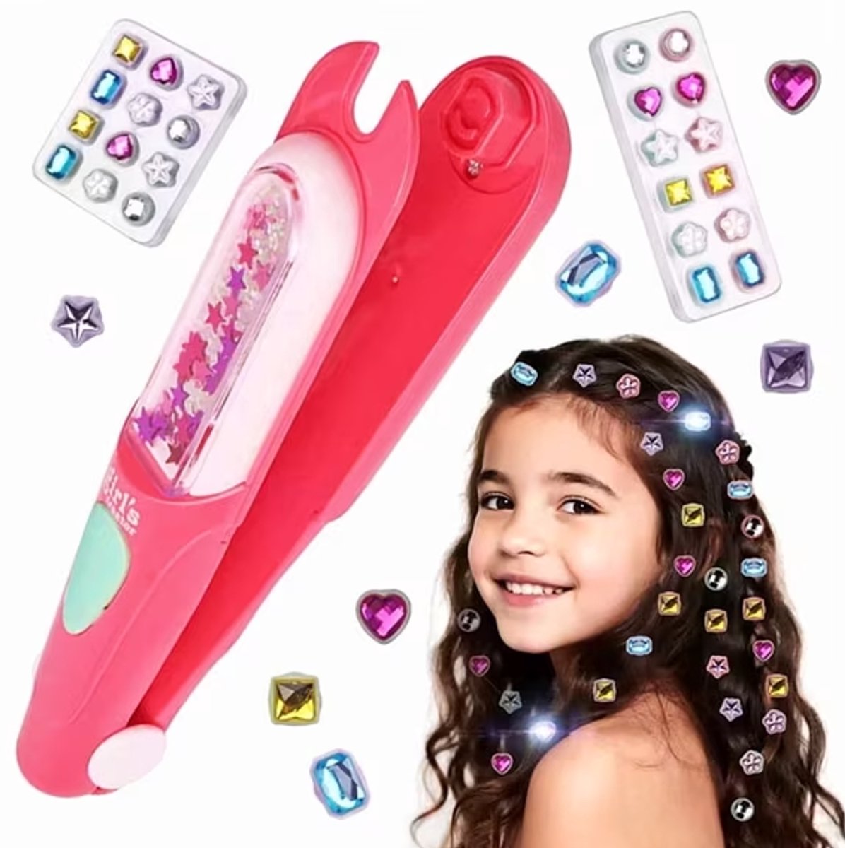 Haarsteentjes-stempelset – Apparaatje om steentjes in het haar te zetten – 'Bling'-stylingkit met herbruikbare strass-steentjes – Haaraccessoires voor jonge kinderen – Haarstyling-pen voor meisjes van 3-7 jaar