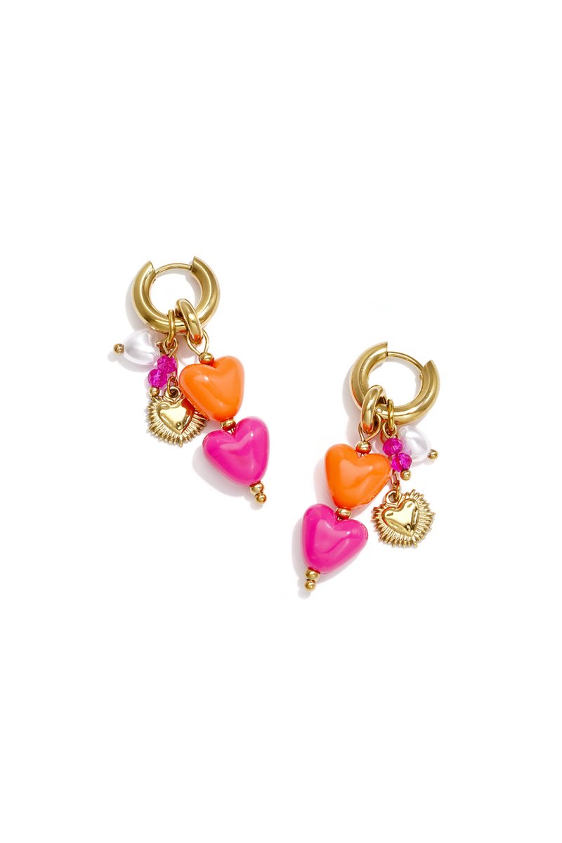 Bijoutheek Oorhangers Parel Hart Kralen Fuchsia Oranje Goudkleurig