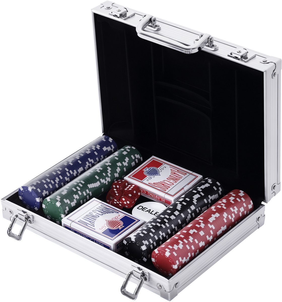 Pokerkoffer pokerset 200 pokerchips 2 x kaartspel 5 x dobbelstenen 1 x aluminium koffer 4 kleuren 29,5 x 20,5 x 6,5 cm