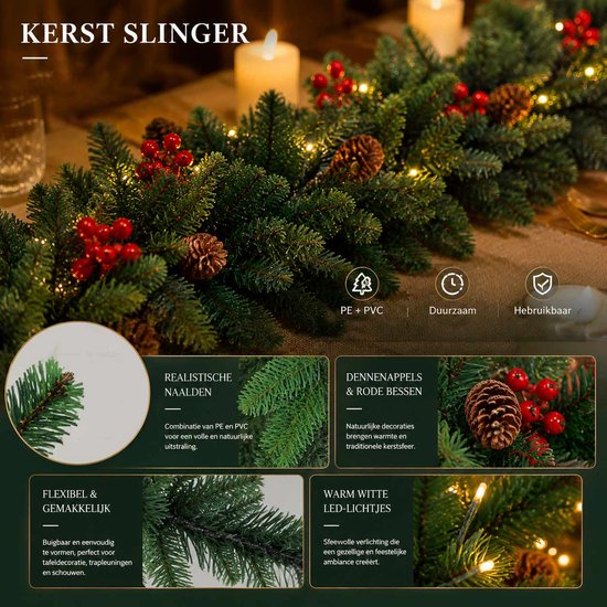 Kerstslinger met realistische naalden, dennenappels, rode bessen en warm witte LED-lichtjes. Flexibel en duurzaam.