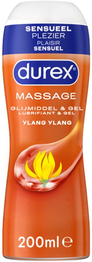 Een fles Durex massageolie en glijmiddel Ylang Ylang. Oranje fles met blauw en wit label. 200 ml.