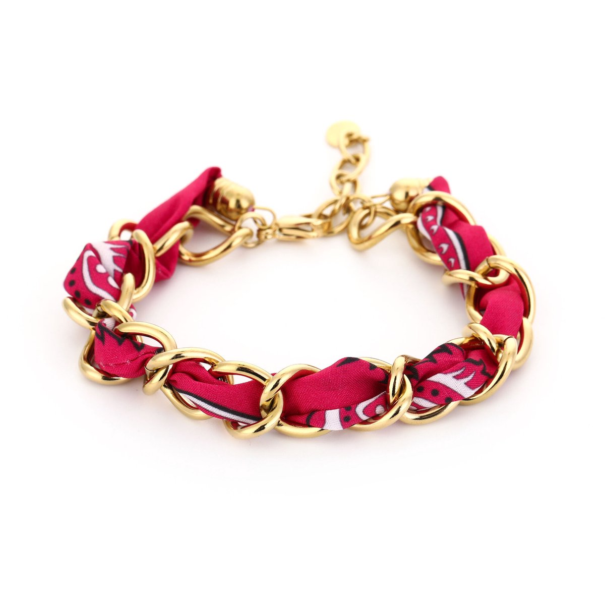 Matthew Studio® Armband Dames - Schakelarmband - Goudkleurig - Rode Stoffen Band - RVS