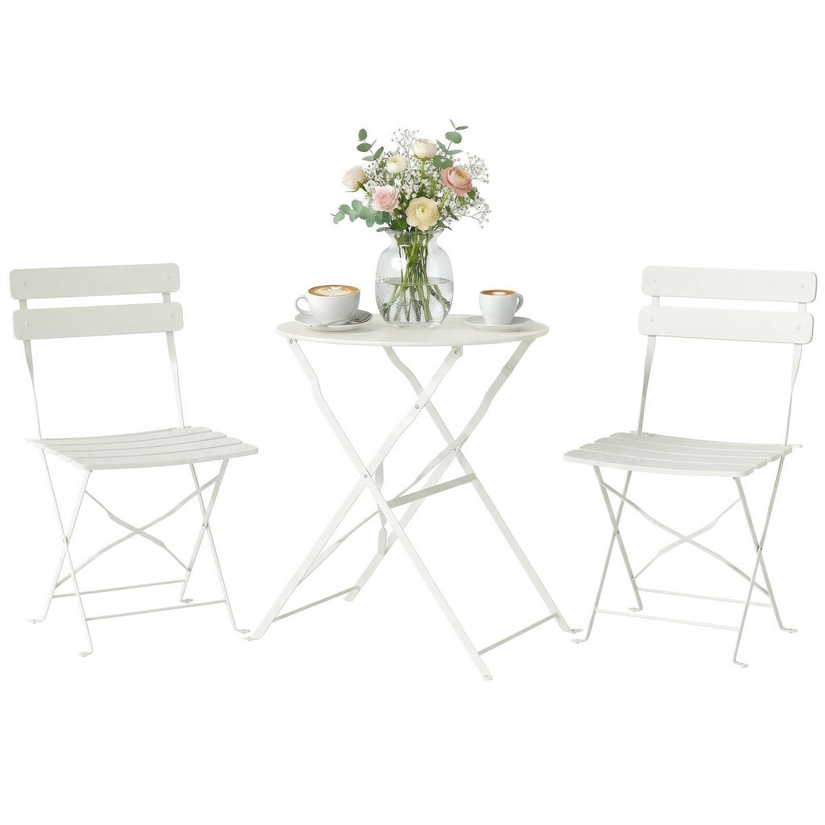 Tuinset van 3-delig – een tafel en twee klapstoelen met dwarsbalken – dubbele roestwerende behandeling – wit