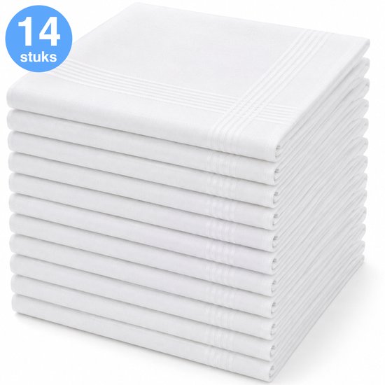 Stapel van 14 witte katoenen zakdoeken met een subtiel gestreept patroon aan de rand.