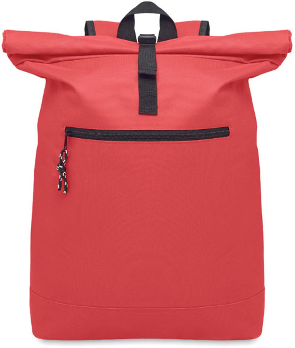 15 inch rolltop laptoprugzak van 600D polyester met gewatteerde achterkant en versterkte bodem. Afsluitbaar voorvak met rits. 210D voering. Rood