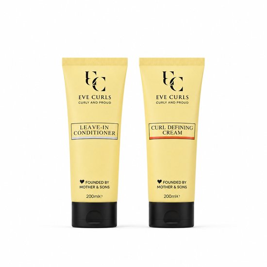 Twee gele tubes van EVE CURLS. Eén tube met de tekst LEAVE-IN CONDITIONER, de andere met CURL DEFINING CREAM. Beide 200ml.