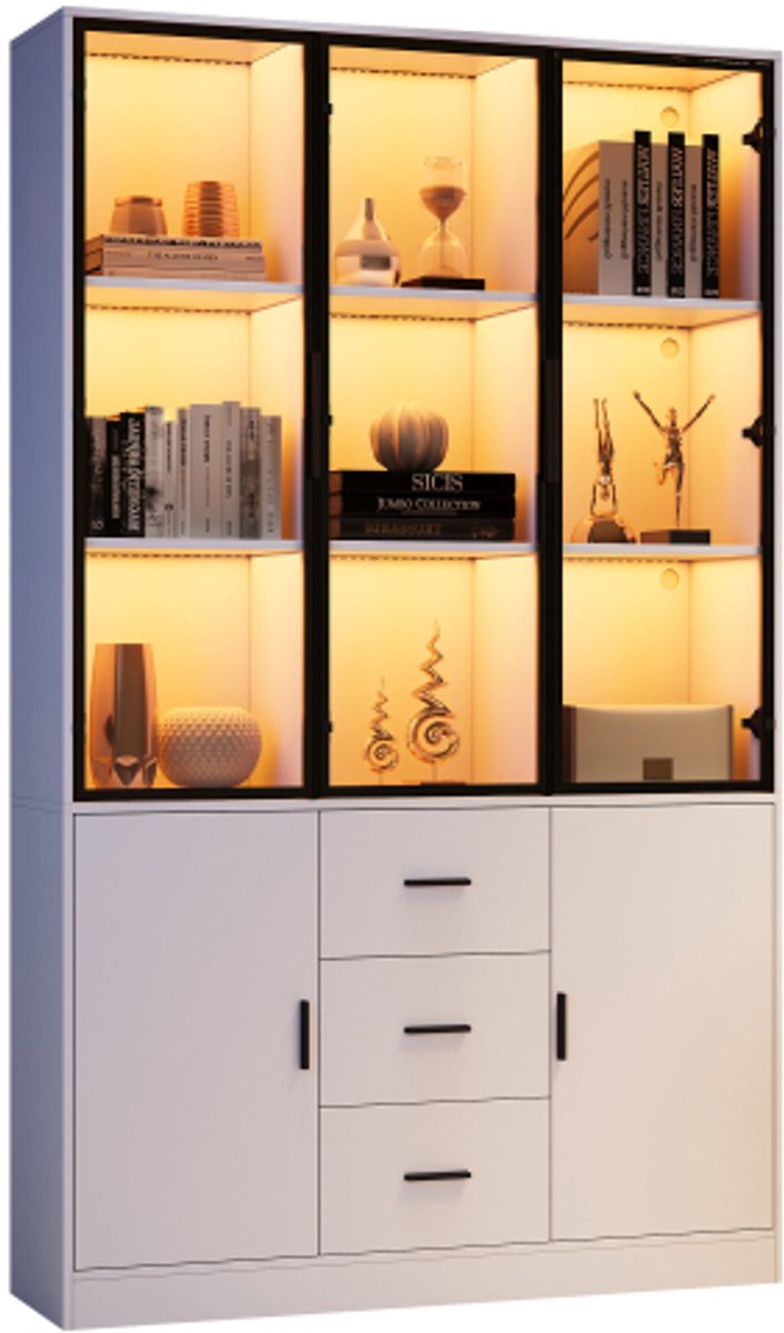Witte Vitrinekast, Glazen Deuren, LED Verlichting, 3 Lades, 120x30x200 cm, Woonkamer