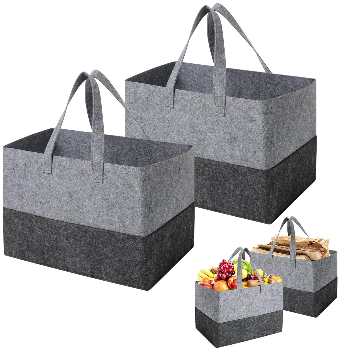 Solidchoice - Set van 2 Vilt Shopper Tassen - 38 x 25 x 25 cm, Opvouwbare Houten Mand