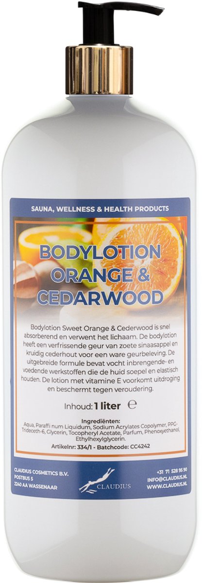 Bodylotion Sweet Orange & Cedarwood 1 liter met gouden pomp