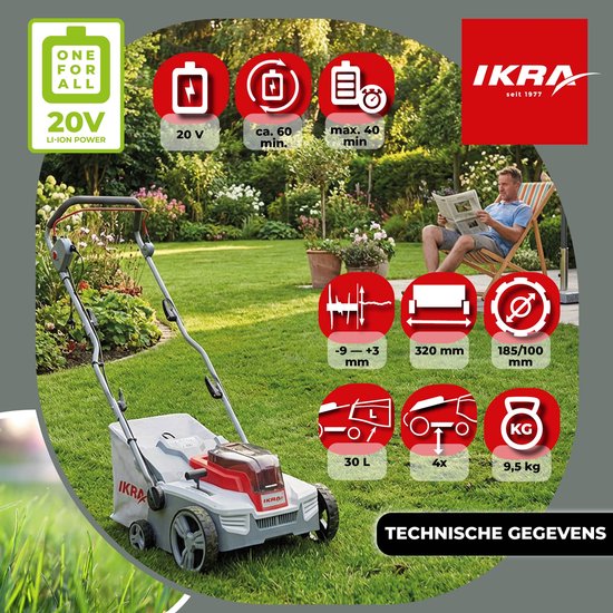 IKRA 3-in-1 accu-verticuteermachine en gazonbeluchter IAVL 2-2032, 32 cm werkbreedte, werkdiepte +3 tot -9 mm, 30l opvangzak, 2 x 20V (2,0 Ah) accu’s & snellader van IKRA — afbeelding 3