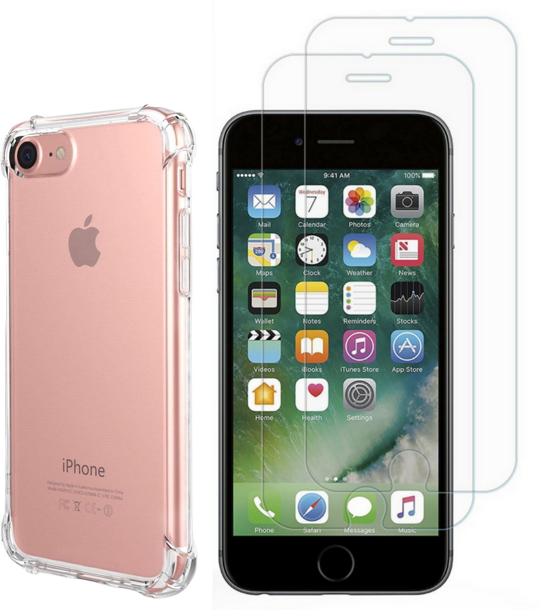 Hoesje geschikt voor iPhone 6 PLUS / 6S PLUS backcover Shockproof siliconen Transparant en 2 stuks Screenprotector Gehard Glas