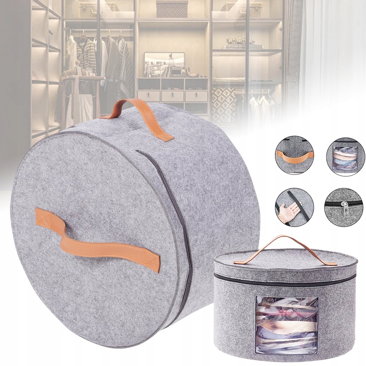Grote Vilten Hoedendoos Met Deksel - 43 cm Diameter Transparant Kijkvenster Zacht Leren Handvat - Stapelbare Hoedenorganizer Voor in De Kast En Op Reis - Grijs