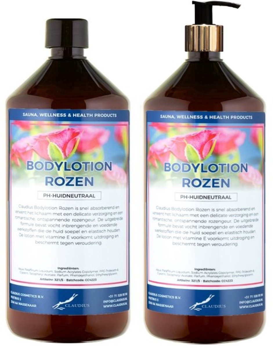 Bodylotion Rozen 1 Liter - met gouden pomp - set van 2 stuks