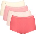Set van vier damesmaxislips in koraal, roze, crème en lichtroze, met kanten boord.