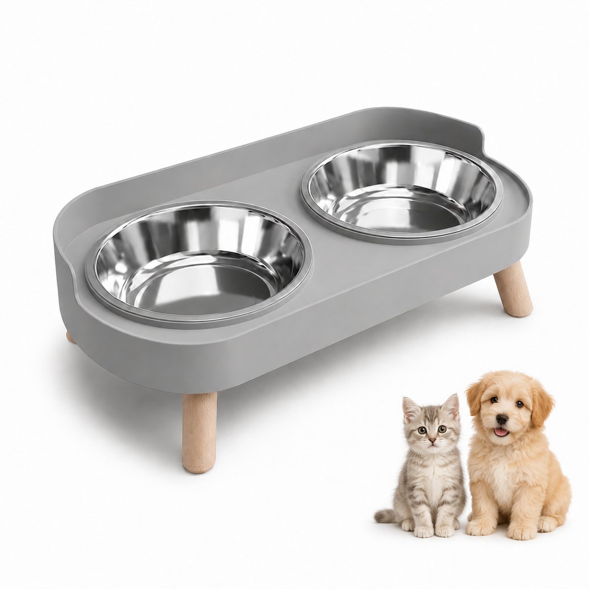Bobypet - Voerbak - Dubbele Roestvrijstalen Voerbakken met Standaard – Voor voer en Water – Geschikt voor Katten en Honden – Grijs
