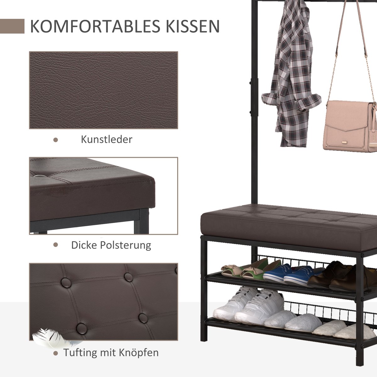OKWISH Kledingrek Met Bank – 72,5 X 35 X 180 Cm – Metaal En Kunstleer – Zwart – Met 5 Haken, 2 Schoenrekken En Zitbank Voor Hal