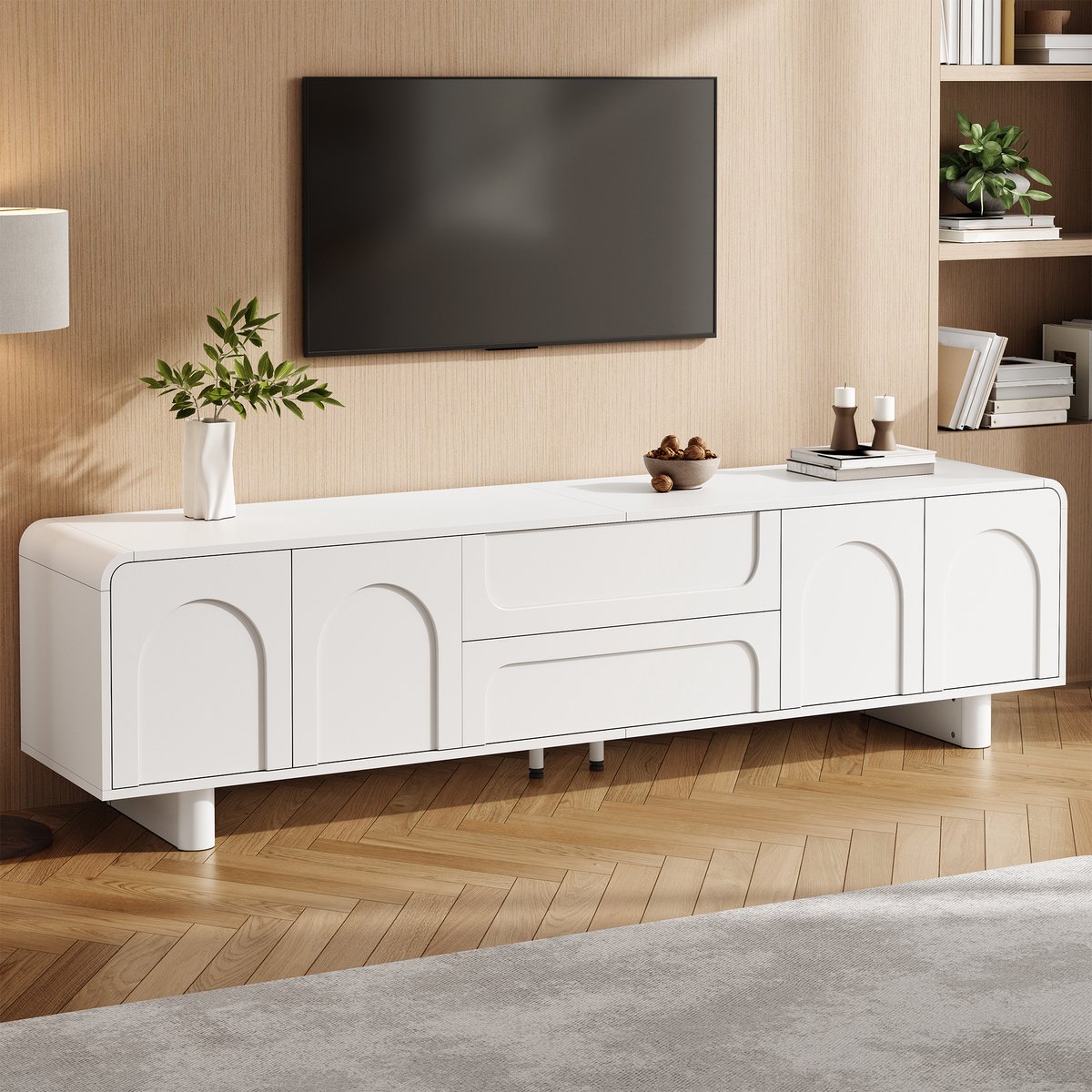 MIVRAY Tv Meubel - Wit Tv Lowboard Met Afgeronde Hoeken En Kabeldoorvoer - Met 4 Deuren En 2 Lades - 180 X 40 X 46 Cm