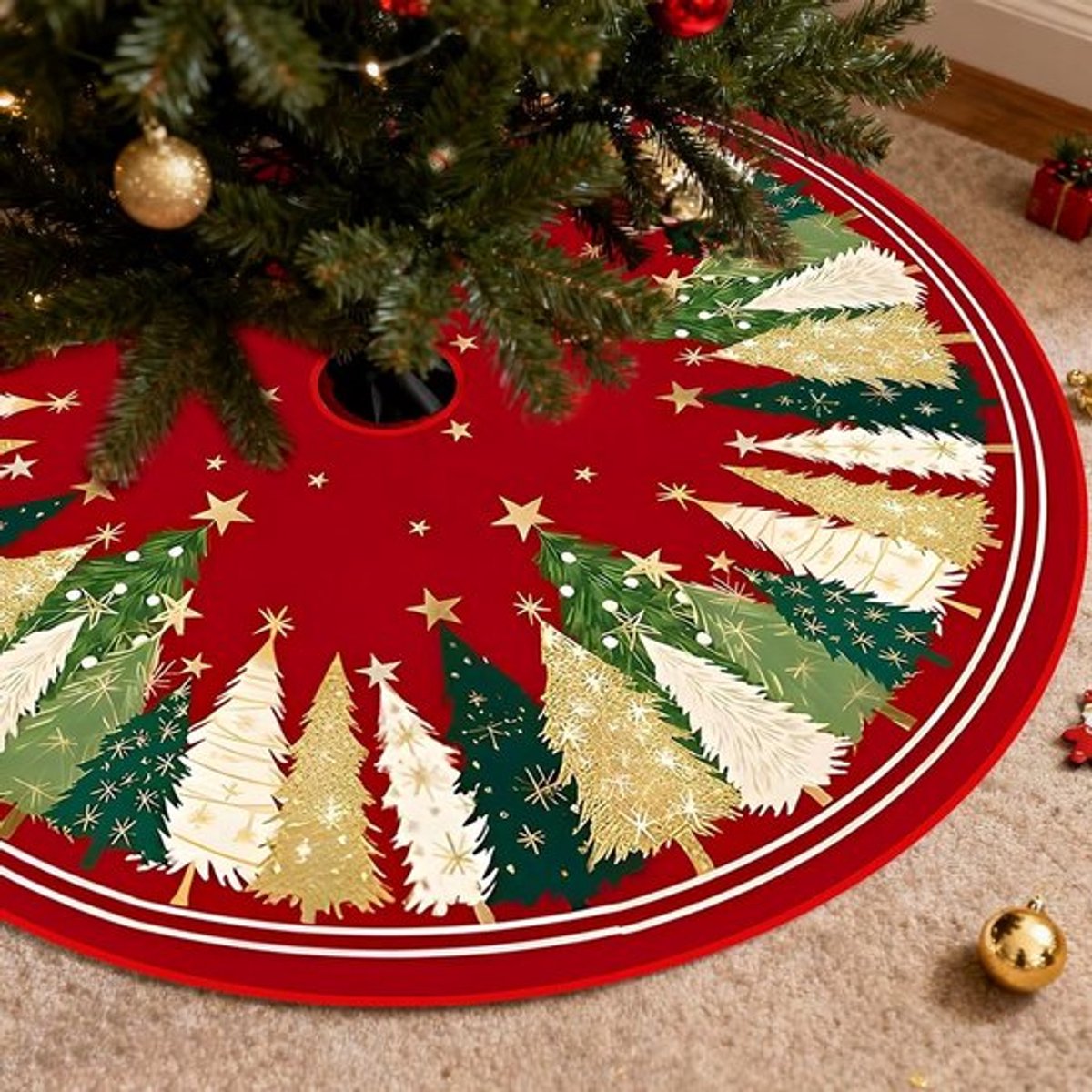 Kerstboomrok en feestdeken voor een sfeervolle kerstdecoratie, vrolijke kerstboomaccessoires en decoraties