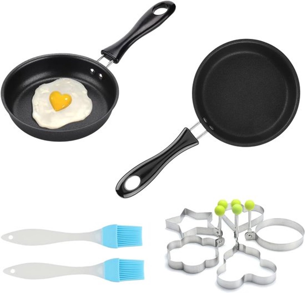 Set van 2 Kleine Inductiekookpannen 12cm - Mini Anti-aanbakpannen voor Eieren en Bakken, Warmtebestendige Campingpan met 4 Eivormen en 2 Oliekwasten