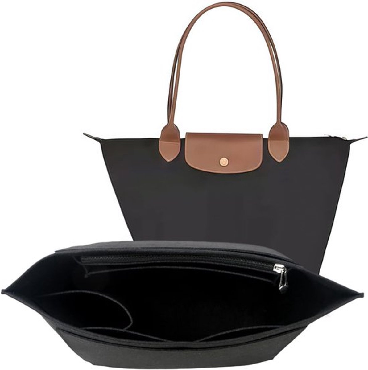 Premium vilt-handtas organizer voor shopper met 6 vakken, groot, zwart, ideaal voor reizen en dagelijks gebruik