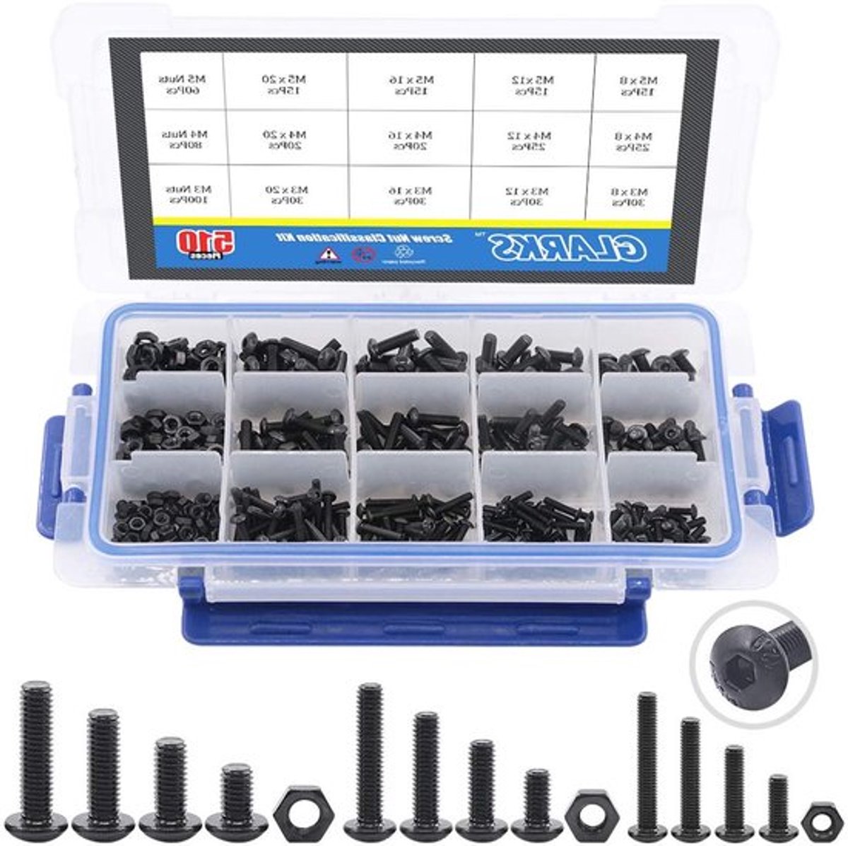 510 Stuks M3 M4 M5 Bouten en Schroeven van Legering met Moeren Assortiment Kit, Zwart Oxide Afwerking