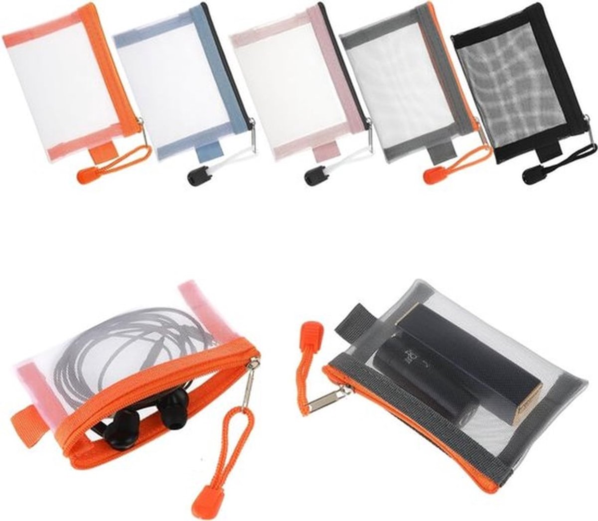Set van 5 mini rits mesh tassen, 10 cm x 7,5 cm - Cosmetica, Sleutelhanger en Reisopslag voor Make-up en Accessoires
