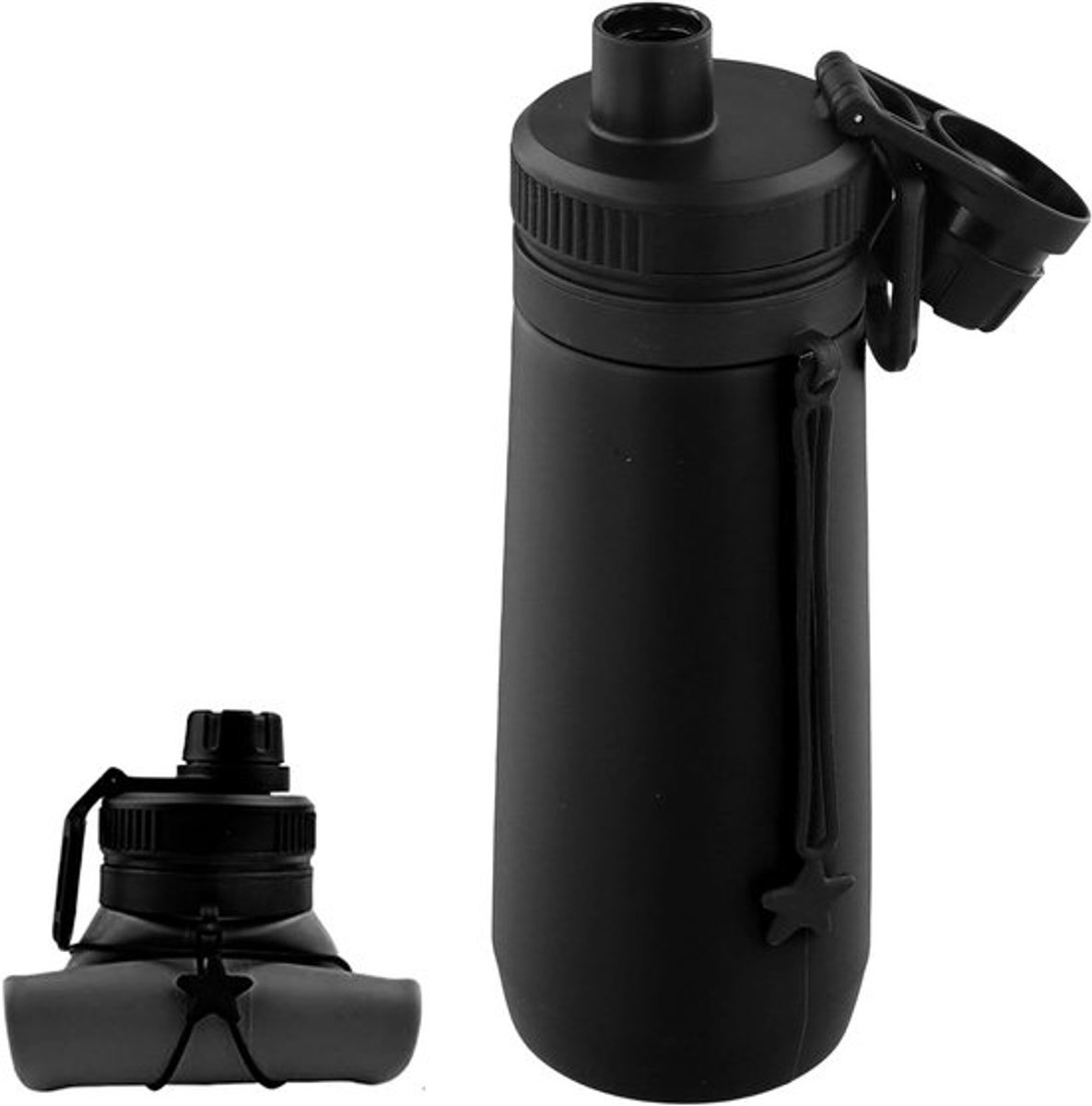 Vouwbare Siliconen Waterfles 750 ml, BPA-vrij, Herbruikbaar en Lekvrij, Perfect voor Sport, Wandelen en Kamperen, Lichtgewicht en Draagbaar, Zwart