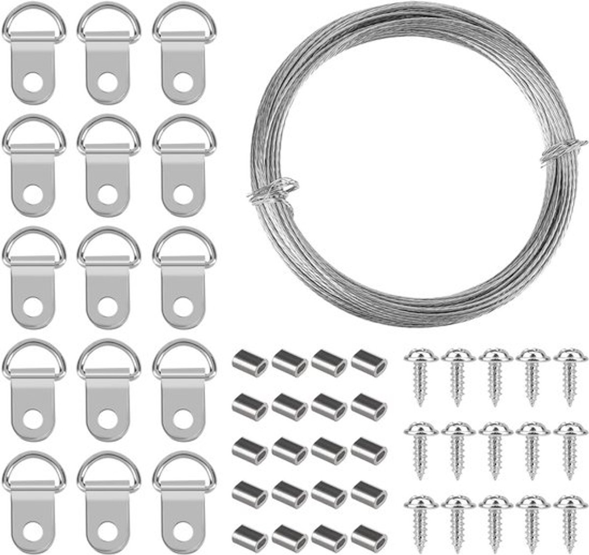 10 meter stalen kabel set voor foto's en spiegels - RVS spankabel 1mm met D-ring en schroef, ideaal voor wanddecoratie en kunstwerken ophangen