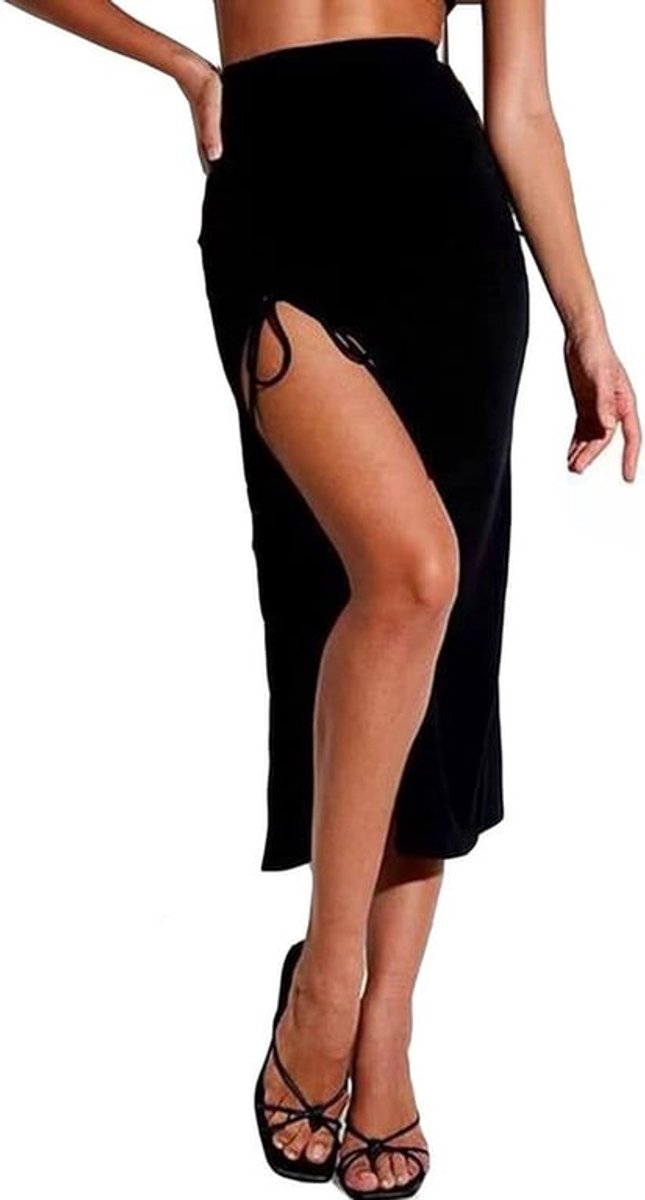 Zomerrok voor dames met split aan de voorkant, hoge taille en elastische ruffle, midi lengte, perfect voor warmere dagen